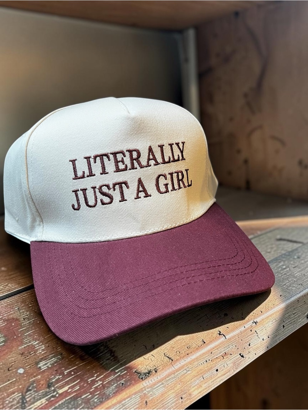 Cream and Maroon 'Literally Just A Girl' Baseball Cap